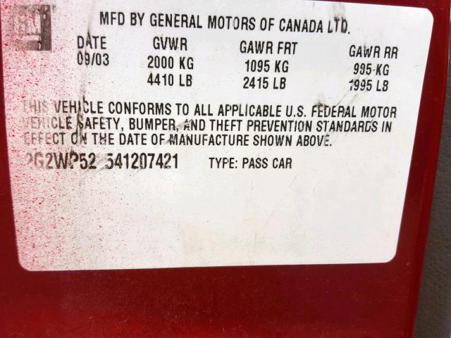 2G2WP522541207421 - 2004 PONTIAC GRAND PRIX BURGUNDY photo 10