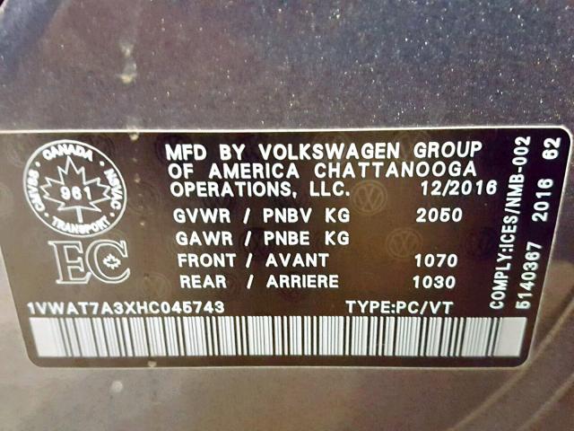 1VWAT7A3XHC045743 - 2017 VOLKSWAGEN PASSAT S SILVER photo 10