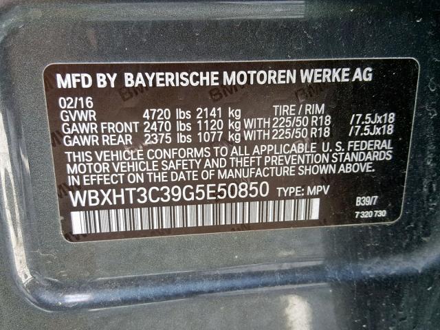 WBXHT3C39G5E50850 - 2016 BMW X1 XDRIVE2 CHARCOAL photo 10