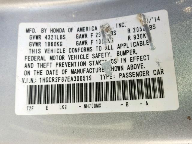 1HGCR2F87EA300519 - 2014 HONDA ACCORD EXL SILVER photo 10