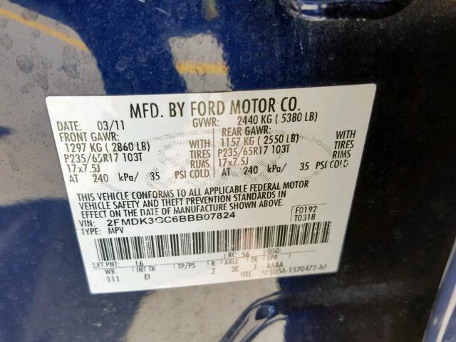 2FMDK3GC6BBB07824 - 2011 FORD EDGE SE BLUE photo 10