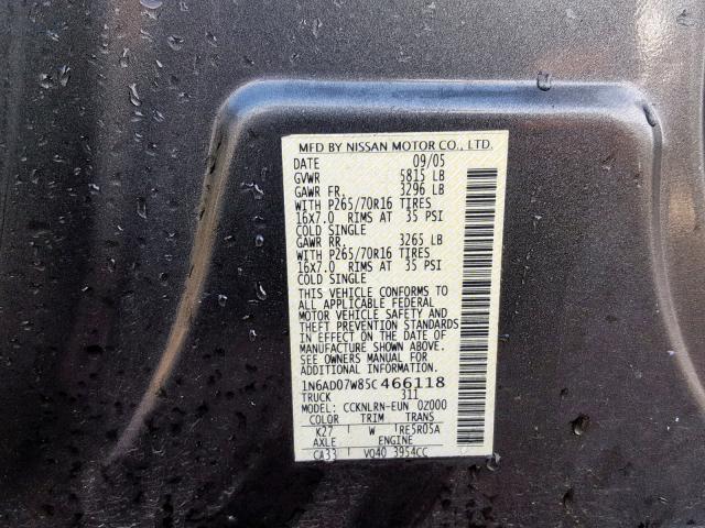 1N6AD07W85C466118 - 2005 NISSAN FRONTIER C GRAY photo 10