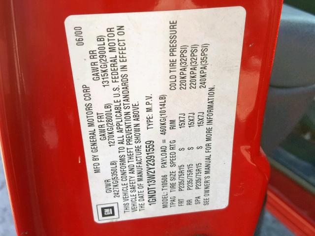 1GNDT13W2Y2391559 - 2000 CHEVROLET BLAZER RED photo 10