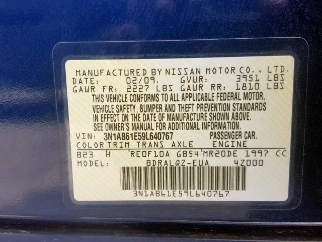 3N1AB61E59L640767 - 2009 NISSAN SENTRA 2.0 BLUE photo 10