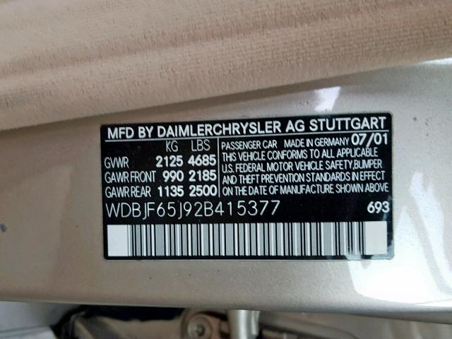 WDBJF65J92B415377 - 2002 MERCEDES-BENZ E 320 GOLD photo 10