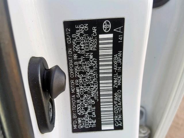 JTDZN3EU7C3115347 - 2012 TOYOTA PRIUS V WHITE photo 10