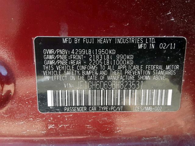 JF1GH6D69BH823531 - 2011 SUBARU IMPREZA OU RED photo 10