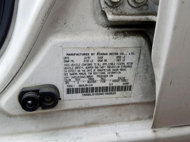 1N4DL01D2WC190925 - 1998 NISSAN ALTIMA XE WHITE photo 10