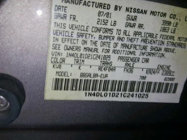 1N4DL01D21C241025 - 2001 NISSAN ALTIMA XE GRAY photo 10