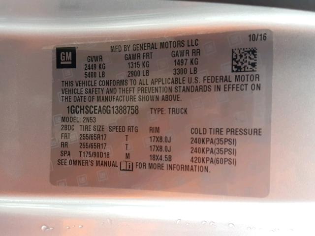 1GCHSCEA6G1388758 - 2016 CHEVROLET COLORADO L SILVER photo 10