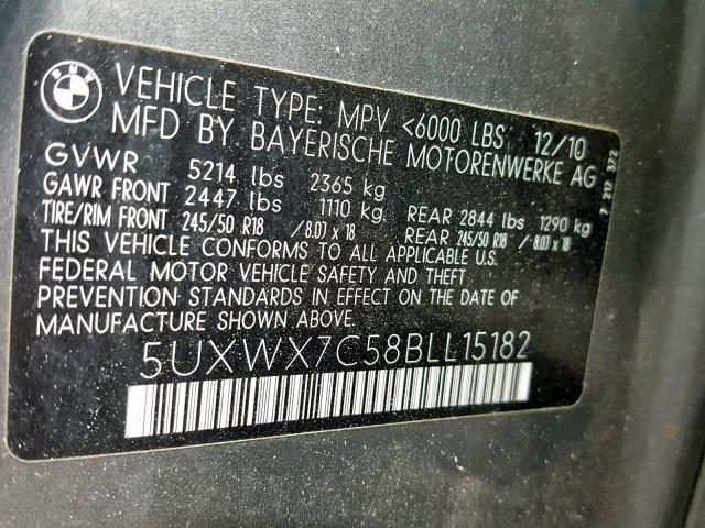 5UXWX7C58BLL15182 - 2011 BMW X3 XDRIVE3 GRAY photo 10