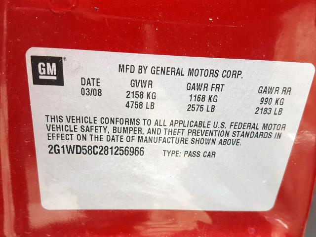 2G1WD58C281256966 - 2008 CHEVROLET IMPALA SUP წითელი ფოტო 10