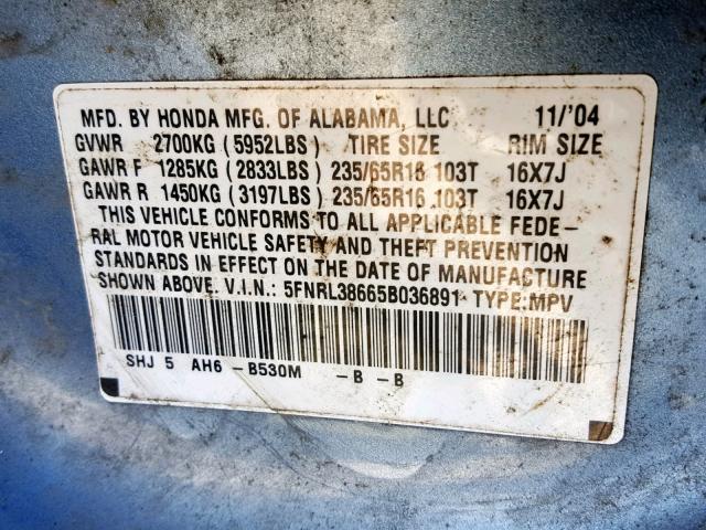 5FNRL38665B036891 - 2005 HONDA ODYSSEY EX BLUE photo 10