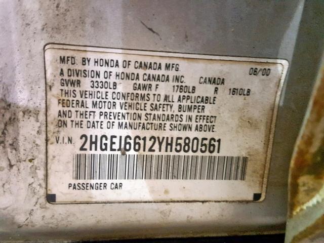 2HGEJ6612YH580561 - 2000 HONDA CIVIC BASE SILVER photo 10