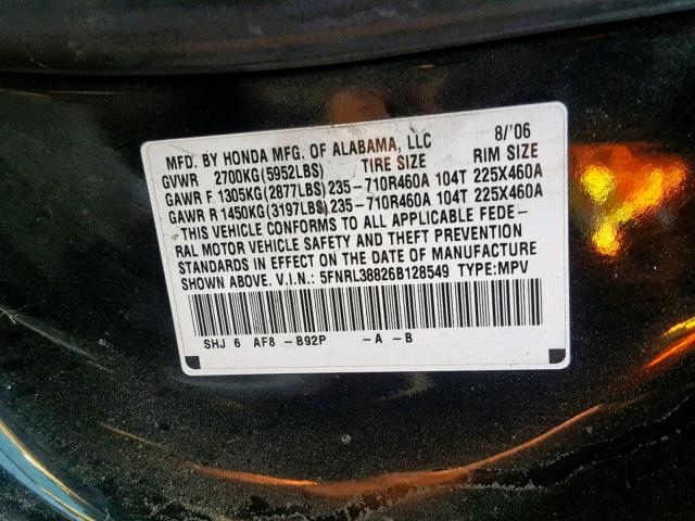 5FNRL38826B128549 - 2006 HONDA ODYSSEY TO BLACK photo 10