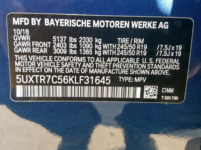 5UXTR7C56KLF31645 - 2019 BMW X3 SDRIVE3 BLUE photo 10