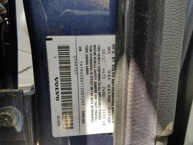 YV1RS58D112087297 - 2001 VOLVO S60 2.4T BLUE photo 10