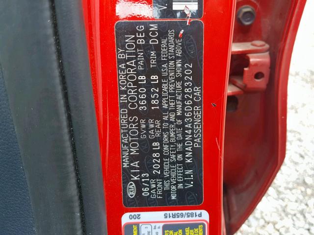 KNADN4A36D6283202 - 2013 KIA RIO EX RED photo 10