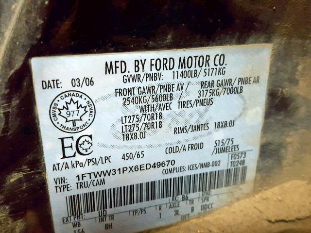 1FTWW31PX6ED49670 - 2006 FORD F350 SRW S BLACK photo 10