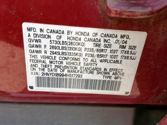 2HNYD18994H517292 - 2004 ACURA MDX TOURIN RED photo 10