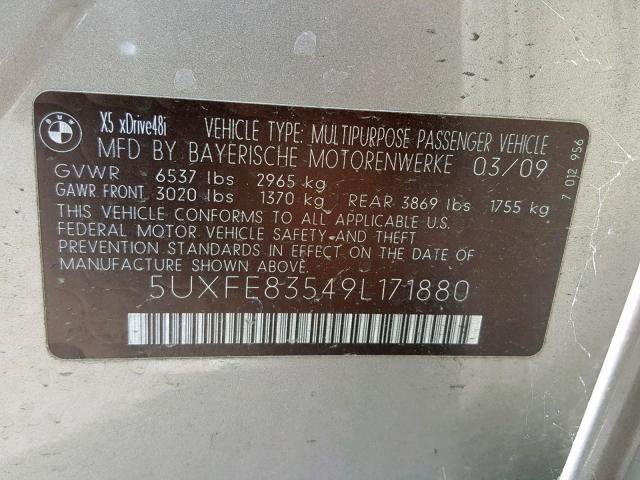 5UXFE83549L171880 - 2009 BMW X5 XDRIVE4 TAN photo 10