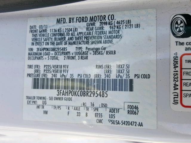 3FAHP0KC0BR295485 - 2011 FORD FUSION SPO WHITE photo 10