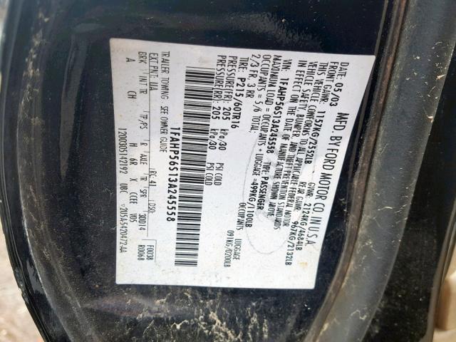 1FAHP56S13A245558 - 2003 FORD TAURUS SEL BLACK photo 10