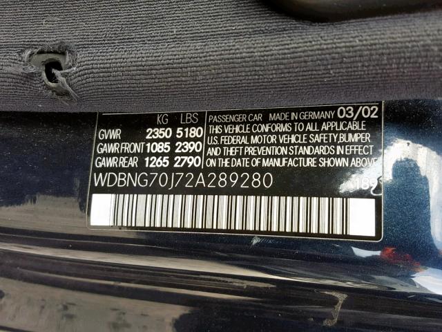 WDBNG70J72A289280 - 2002 MERCEDES-BENZ S 430 BLUE photo 10