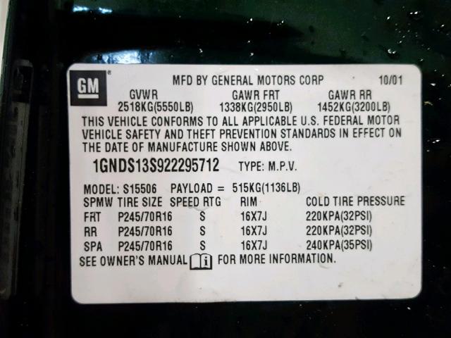 1GNDS13S922295712 - 2002 CHEVROLET TRAILBLAZE GREEN photo 10