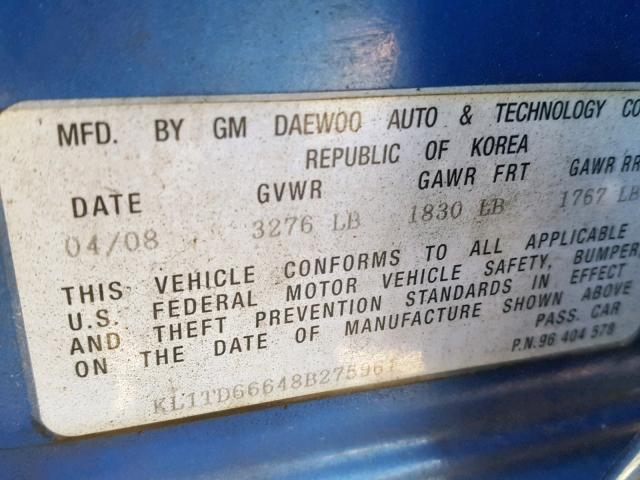 KL1TD66648B275961 - 2008 CHEVROLET AVEO BASE Көк фото 10