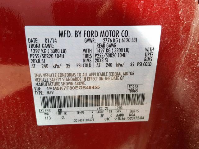 1FM5K7F80EGB48455 - 2014 FORD EXPLORER L RED photo 10