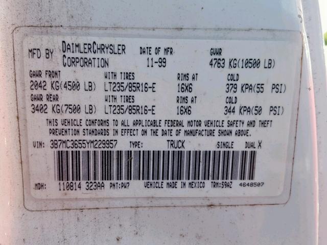 3B7MC3655YM229957 - 2000 DODGE RAM 3500 WHITE photo 10