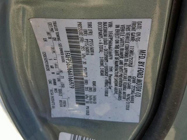 1FAFP56U66A166979 - 2006 FORD TAURUS SEL GREEN photo 10