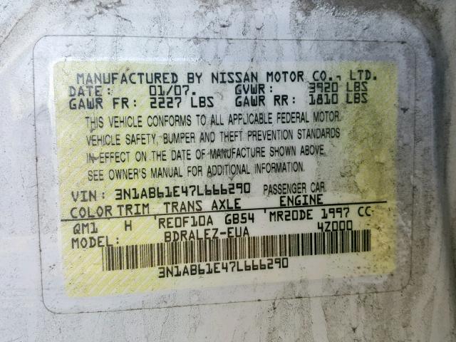 3N1AB61E47L666290 - 2007 NISSAN SENTRA 2.0 WHITE photo 10