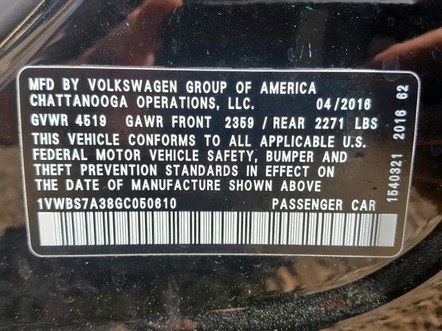 1VWBS7A38GC050610 - 2016 VOLKSWAGEN PASSAT SE BLACK photo 10