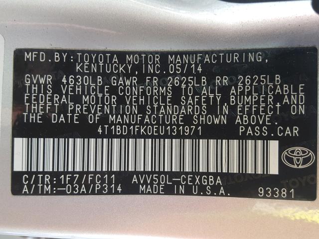 4T1BD1FK0EU131971 - 2014 TOYOTA CAMRY HYBR 银色 照片 10