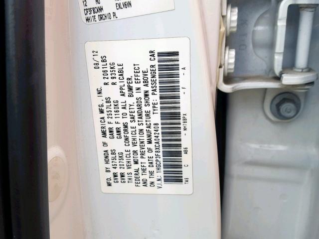 1HGCP3F8XCA042408 - 2012 HONDA ACCORD EXL WHITE photo 10