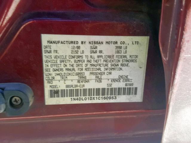 1N4DL01DX1C160953 - 2001 NISSAN ALTIMA XE RED photo 10