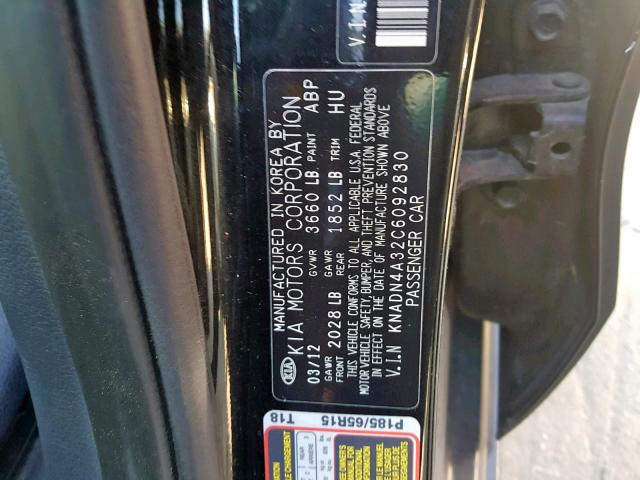 KNADN4A32C6092830 - 2012 KIA RIO EX BLACK photo 10