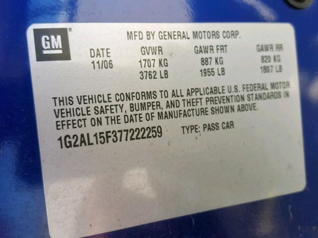 1G2AL15F377222259 - 2007 PONTIAC G5 BLUE photo 10