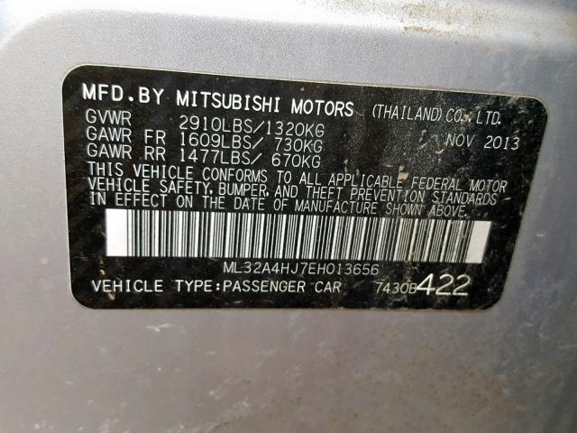 ML32A4HJ7EH013656 - 2014 MITSUBISHI MIRAGE ES SILVER photo 10