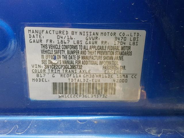 3N1CE2CP3GL395732 - 2016 NISSAN VERSA NOTE BLUE photo 10