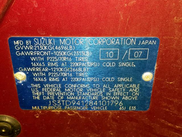 JS3TD941284101796 - 2008 SUZUKI GRAND VITA RED photo 10