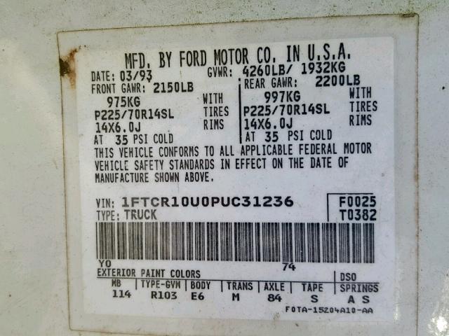 1FTCR10U0PUC31236 - 1993 FORD RANGER WHITE photo 10