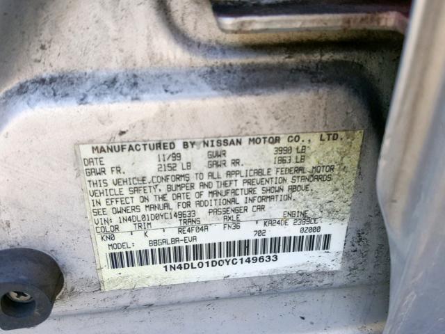 1N4DL01D0YC149633 - 2000 NISSAN ALTIMA XE SILVER photo 10