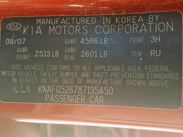 KNAFG526787135450 - 2008 KIA RONDO LX RED photo 10