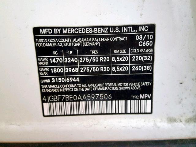 4JGBF7BE0AA597506 - 2010 MERCEDES-BENZ GL 450 4MA WHITE photo 10