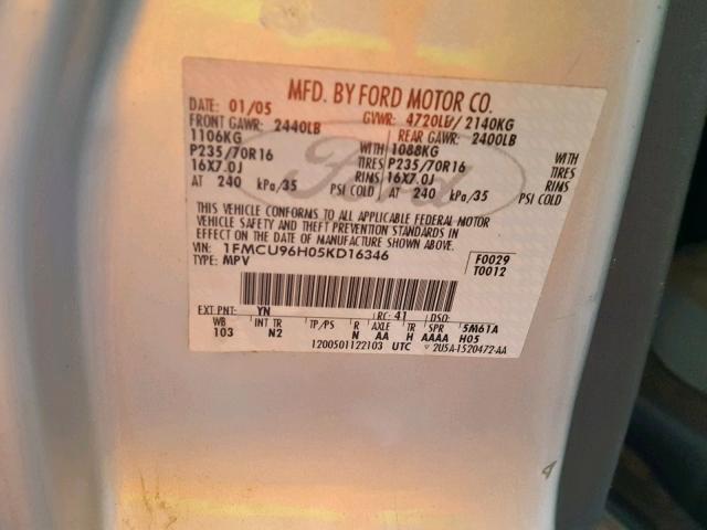 1FMCU96H05KD16346 - 2005 FORD ESCAPE HEV SILVER photo 10