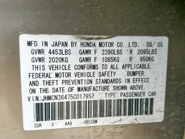 JHMCN36475C017957 - 2005 HONDA ACCORD HYB GOLD photo 10