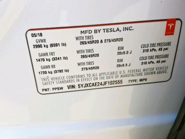 5YJXCAE24JF102555 - 2018 TESLA MODEL X WHITE photo 10